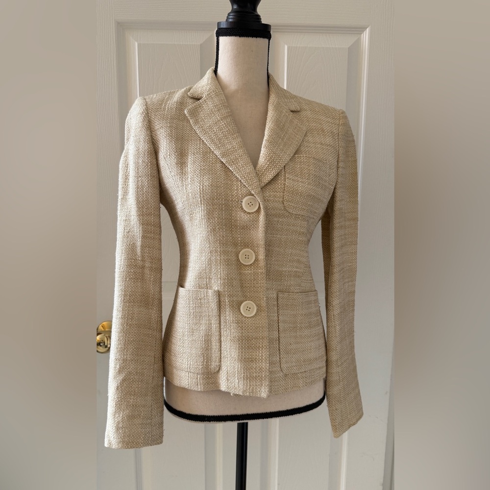 Michael Kors Cream Tweed 3-Pocket Blazer Size 2 w/ Gold Metallic Threads